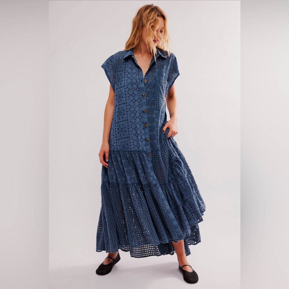 Free People Marieanne Eyelet Maxi Dress in Legion Blue size Medium NWT